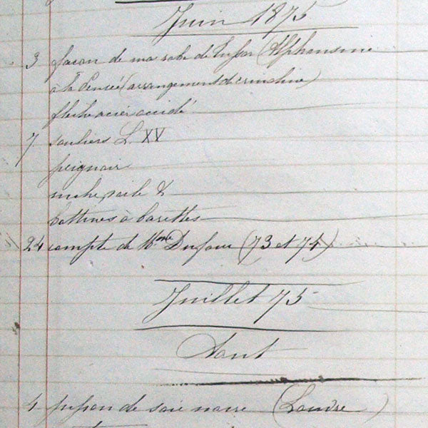 Livre de compte relatif à la toilette d'une aristocrate française 1865-1907