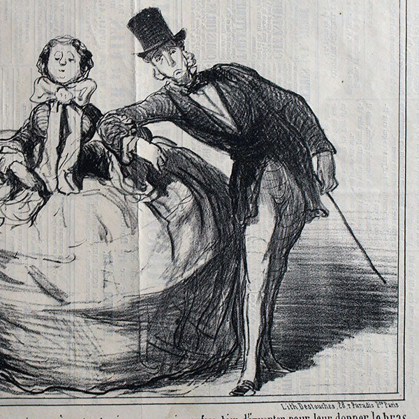 Daumier - Actualités, planche n°437, caricature de la mode des crinolines (1857)