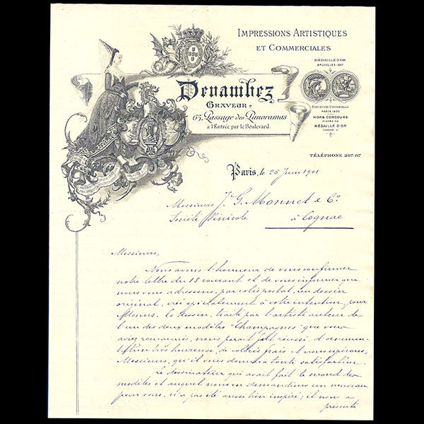Lettre de la Maison Devambez, graveur, passage des Panoramas à Paris (1901)