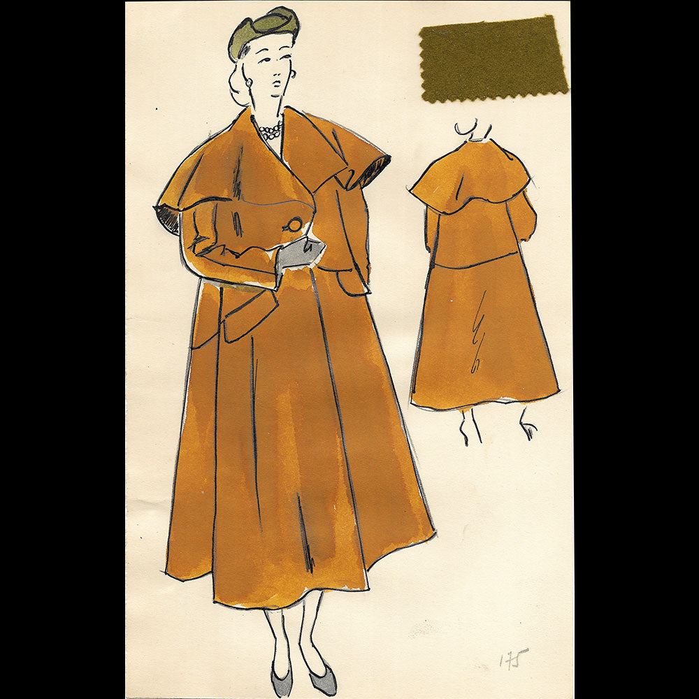 Balenciaga - Manteau cheviotte tabac, dessin d'un modèle de la maison Balenciaga pour l'hiver 1948-1949