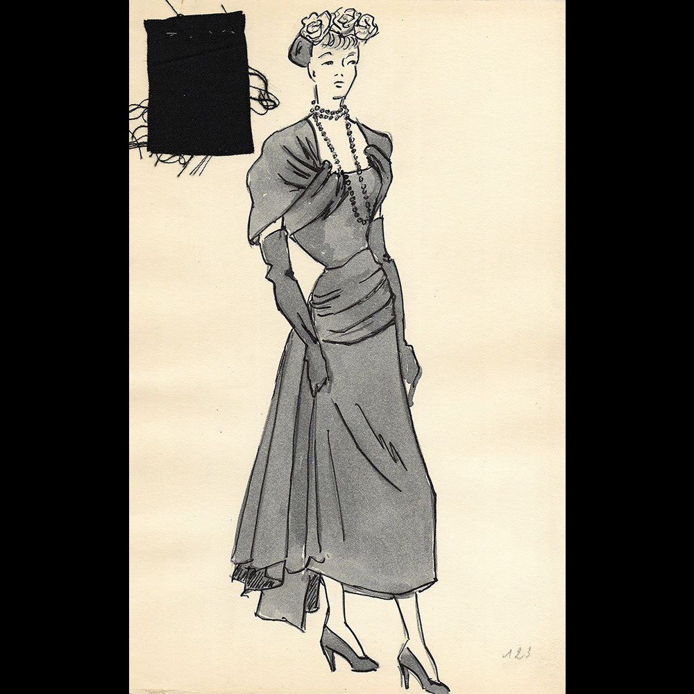 Balenciaga - robe de lainage noir, ensemble de 2 dessins d'un modèle de la maison Balenciaga pour l'hiver 1948-1949