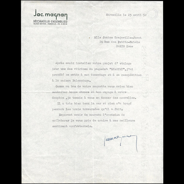 Balenciaga - Lettre adressée à Janine Janet concernant le dauphin (1952)