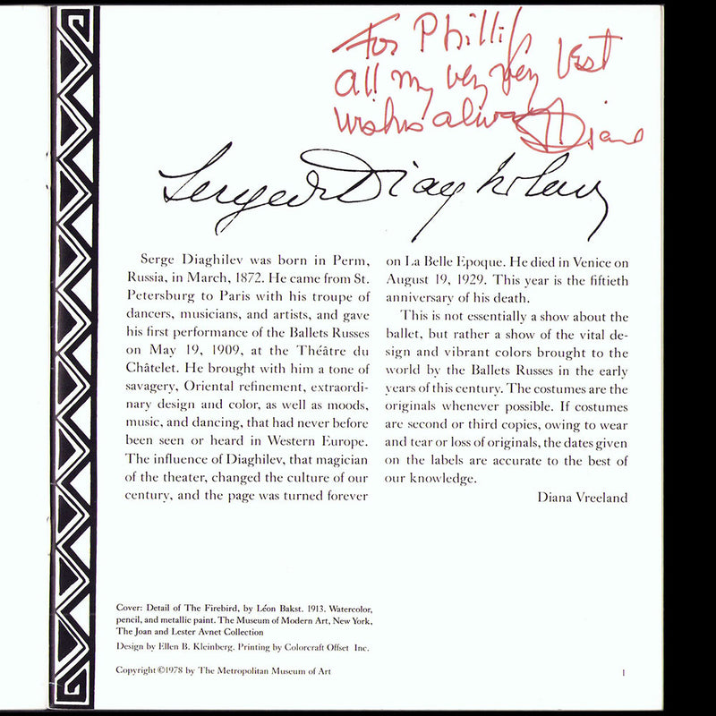 Diaghilev, Costumes & Designs of the Ballets Russes - Metropolitan Museum avec envoi de Diana Vreeland (1978)