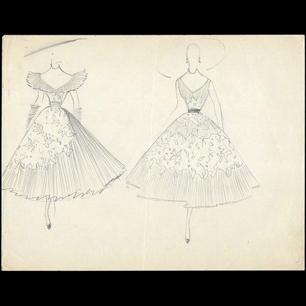 Balmain - Dessin de deux modèles de robes (1953)