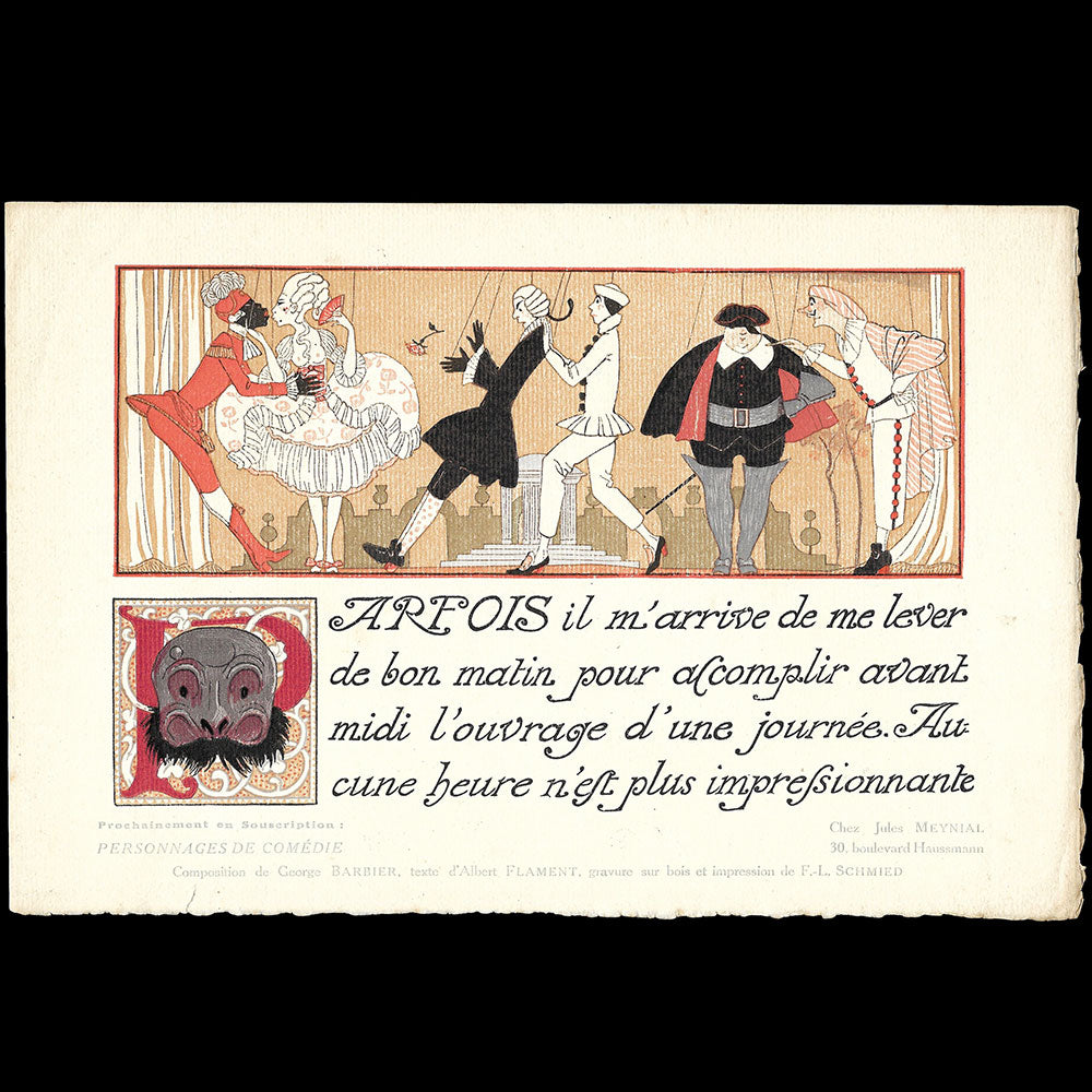 Barbier - Publication announcement for  "Personnages de Comedie"