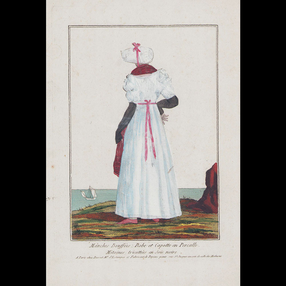 Basset - Manches Bouffées : Robe et Capotte en Percalle. Mitaines tricotées en soie noire (circa 1795)