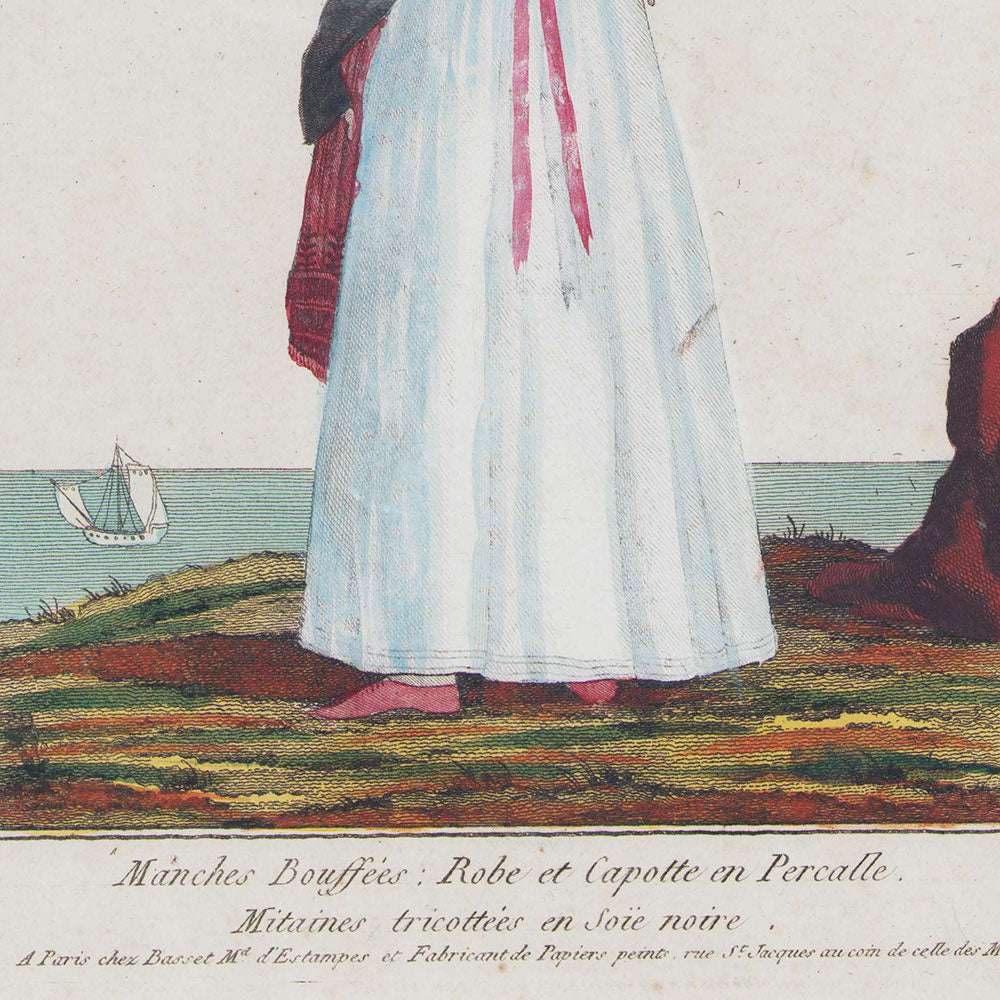 Basset - Manches Bouffées : Robe et Capotte en Percalle. Mitaines tricotées en soie noire (circa 1795)