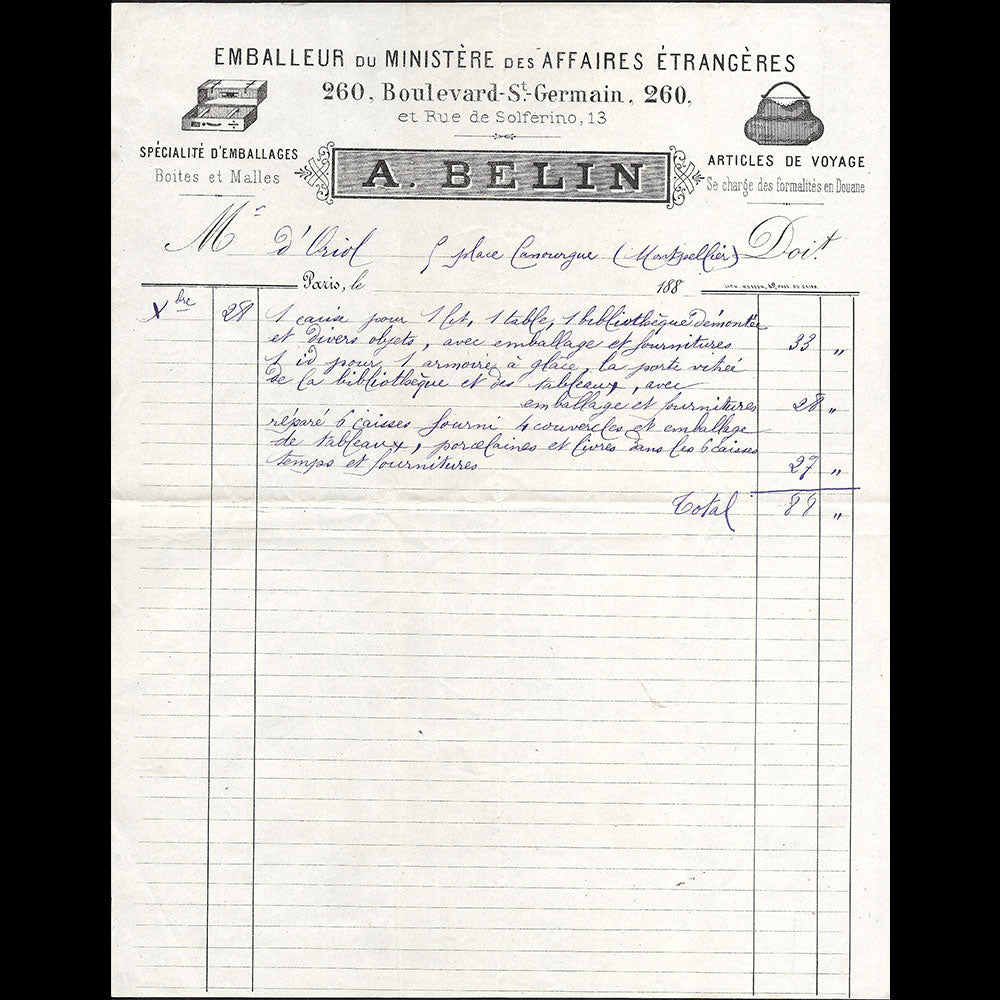 A. Belin - Facture de l'emballeur, 260 boulevard Saint-Germain à Paris (1880s)