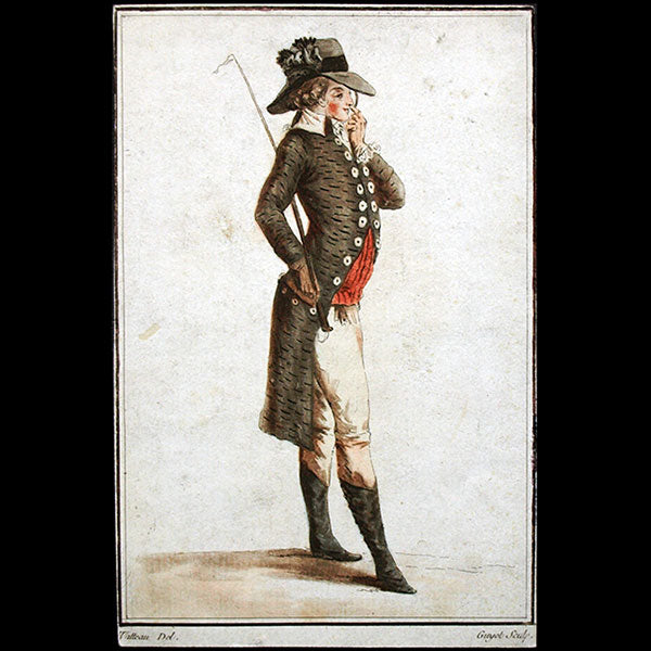 Cris et Costumes de Paris, gravure n°4, Jeune Elegant se promenant aux Palais Royal pour fixer les Caprices de sa Soirée par Watteau (1786)