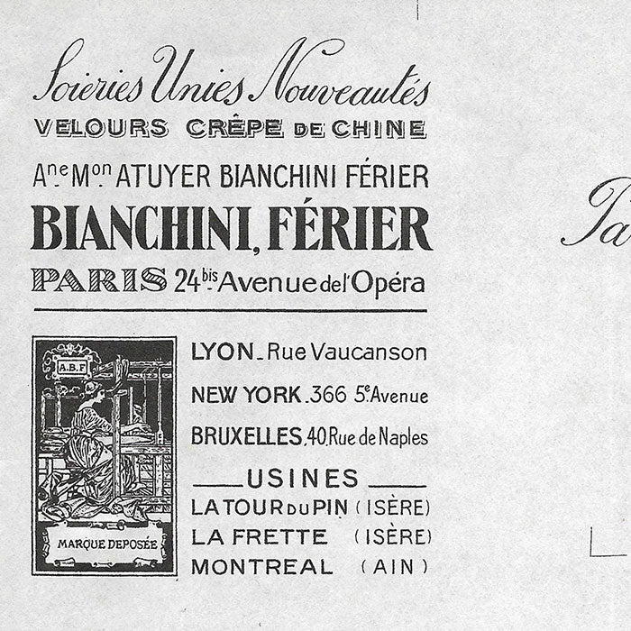 Bianchini Ferier - Correspondance du fabricant de tissus, 24 avenue de l'Opéra à Paris (1921)