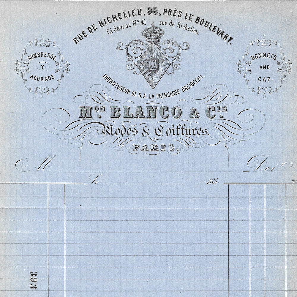 Blanco & Cie - Facture de la maison de modes et coiffures, 98 rue de Richelieu à Paris (1850s)