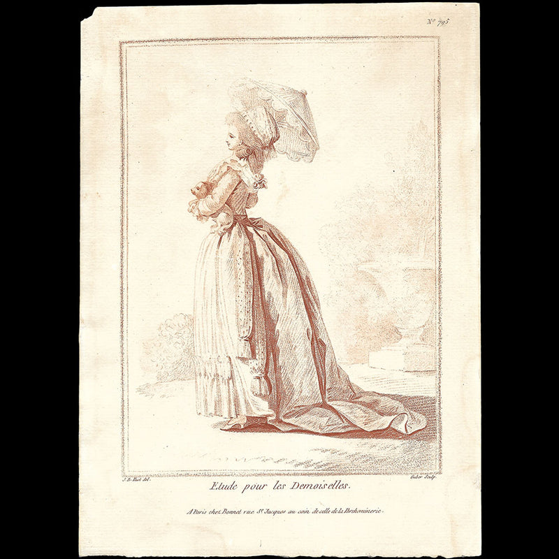 Elégante à l'ombrelle et au chien, gravure de mode de la suite Etude pour les Demoiselles d'après Jean-Baptiste Huet (1783)