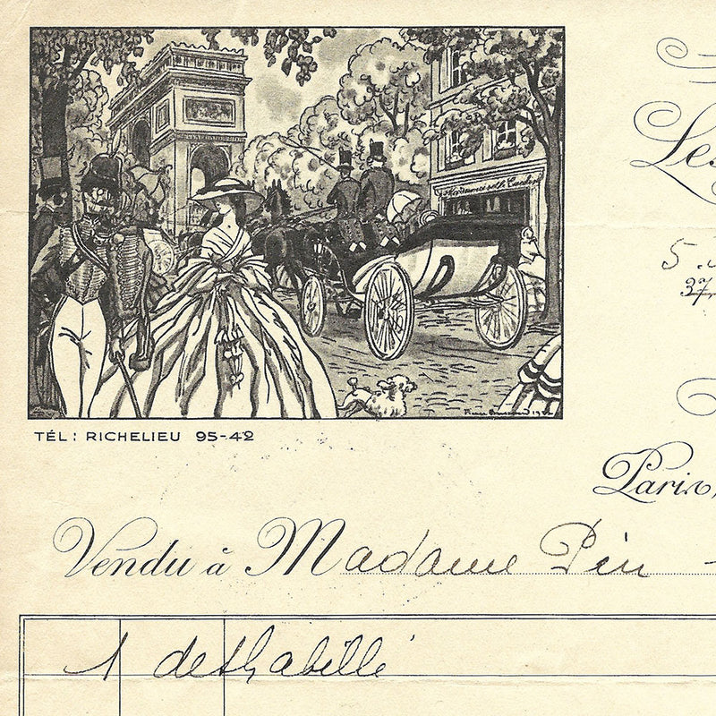 Les Trois Marchandes de Frivolités - Facture de Mademoiselle Caroline, 3 avenue Victor Hugo à Paris illustrée par Pierre Brissaud (1928)