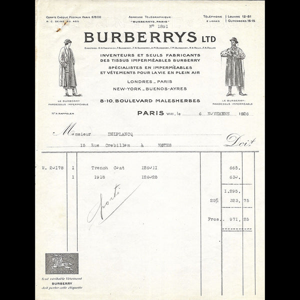 Burberrys - Facture de la maison spécialiste en imperméables, 8-10 boulevard Malesherbes à Paris (1926)