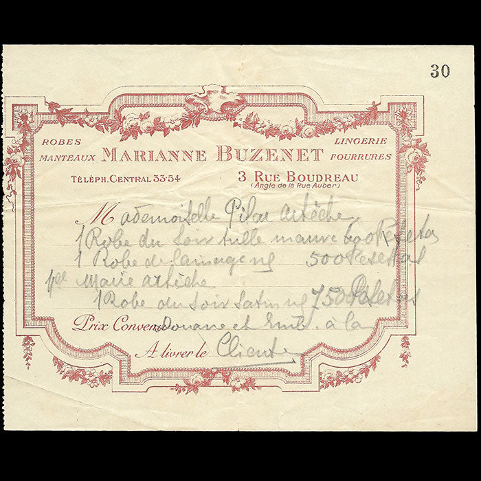 Buzenet - Facture de la maison de couture 3 rue Boudreau à Paris (circa 1900s-1910s)