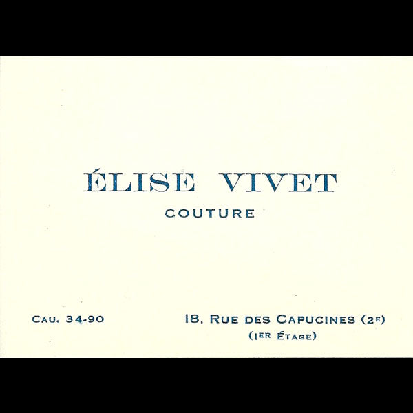Carte de visite de la maison Elise Vivet, 18 rue des Capucines à Paris (circa 1935)