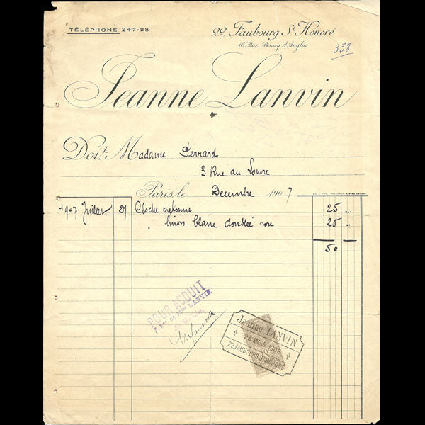 Facture de la maison Jeanne Lanvin, 22 faubourg Saint-Honoré (1907)
