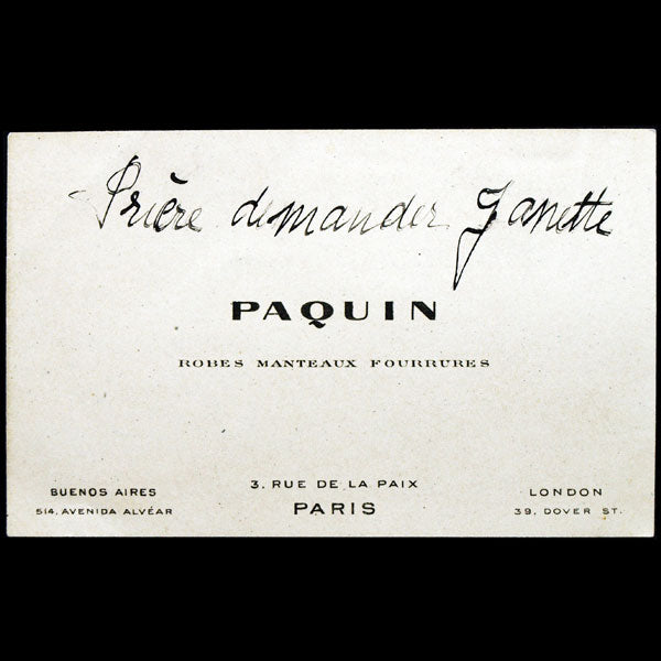 Carte de la maison Paquin, 3 rue de la paix à Paris (circa 1920)
