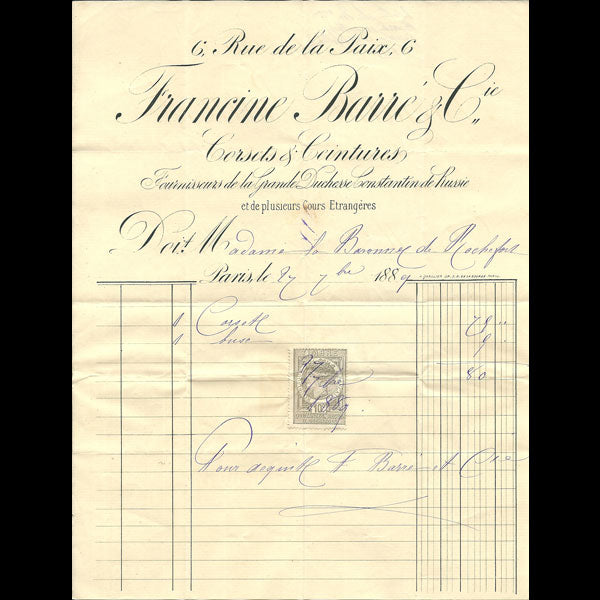 Facture de Francine Barré et cie, 6 rue de la Paix à Paris (1889)
