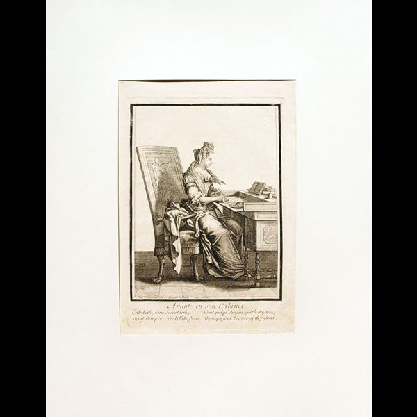 Aminte en son cabinet, gravure de Bonnart (circa 1680-1690)