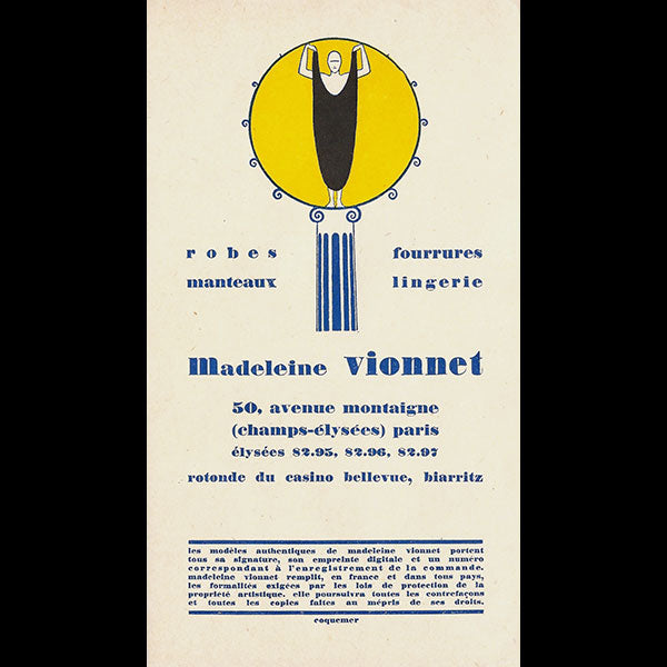 Vionnet - Publicité de la maison, 50 avenue Montaigne (circa 1925)