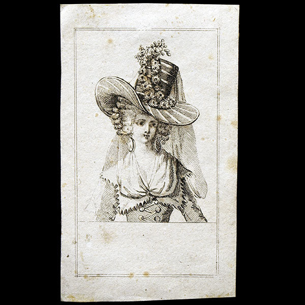 Elégante au chapeau et boucles d'oreilles à la créole, gravure d'almanach du XVIIIème siècle (circa 1780)
