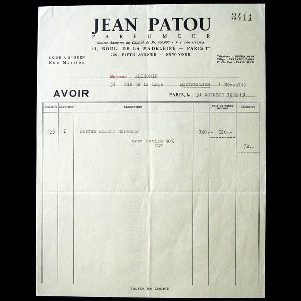 Facture de la maison Jean Patou parfumeur (1938)