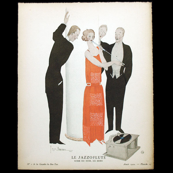 Gazette du Bon Ton - Le Jazzoflute, robe du soir de Worth, planche de Georges Lepape pour (n°2, 1922)