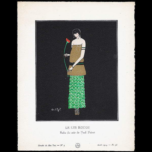 Gazette du Bon Ton - Le Lys rouge, robe du soir de Paul Poiret, planche de Simone Puget (n°4, 1914)