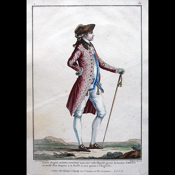 Gallerie des Modes et Costumes Français, 1778-1787, gravure n° J 52, Jeune élégant par Leclerc (1778)