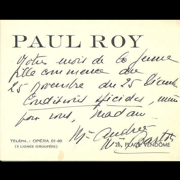 Carton d'invitation de la maison Paul Roy, 26 place Vendôme à Paris (circa 1937-1940)