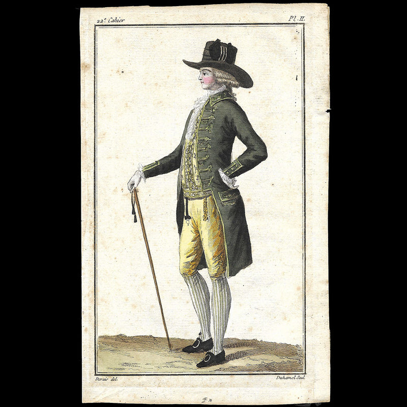 Cabinet des modes, 22ème cahier, planche 2 - Jeune homme en frac vert dragon (1er octobre 1786)