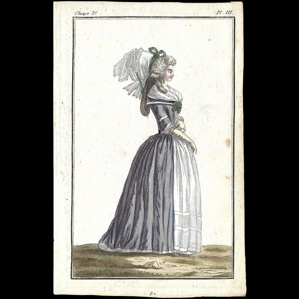 Cabinet des modes, planche III, 3ème cahier - Femme en fourreau violet à l'anglaise (15 décembre 1785)