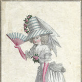 Magasin des Modes Nouvelles Françaises et Anglaises, 33ème cahier, planche 1 - Femme en pierrot de mousseline blanche et chapeau à la Théodore (1787)