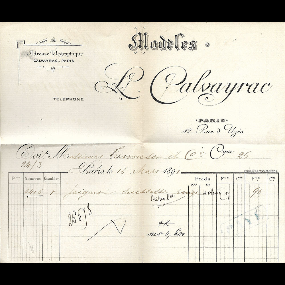 L. Calvayrac - Facture de la maison de couture, 12 rue d'Uzès à Paris (1891)
