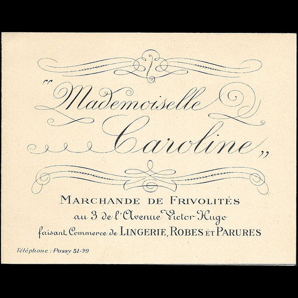 Mademoiselle Caroline - Carte de la marchande de frivolités, 3 avenue Victor Hugo à Paris illustrée par Pierre Brissaud (circa 1920s)