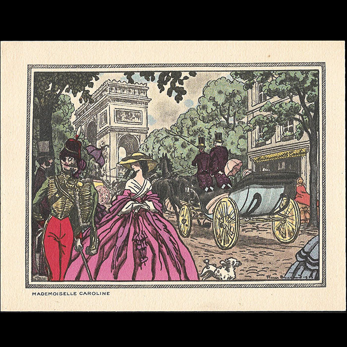 Mademoiselle Caroline - Carte de la marchande de frivolités, 3 avenue Victor Hugo à Paris illustrée par Pierre Brissaud (circa 1920s)