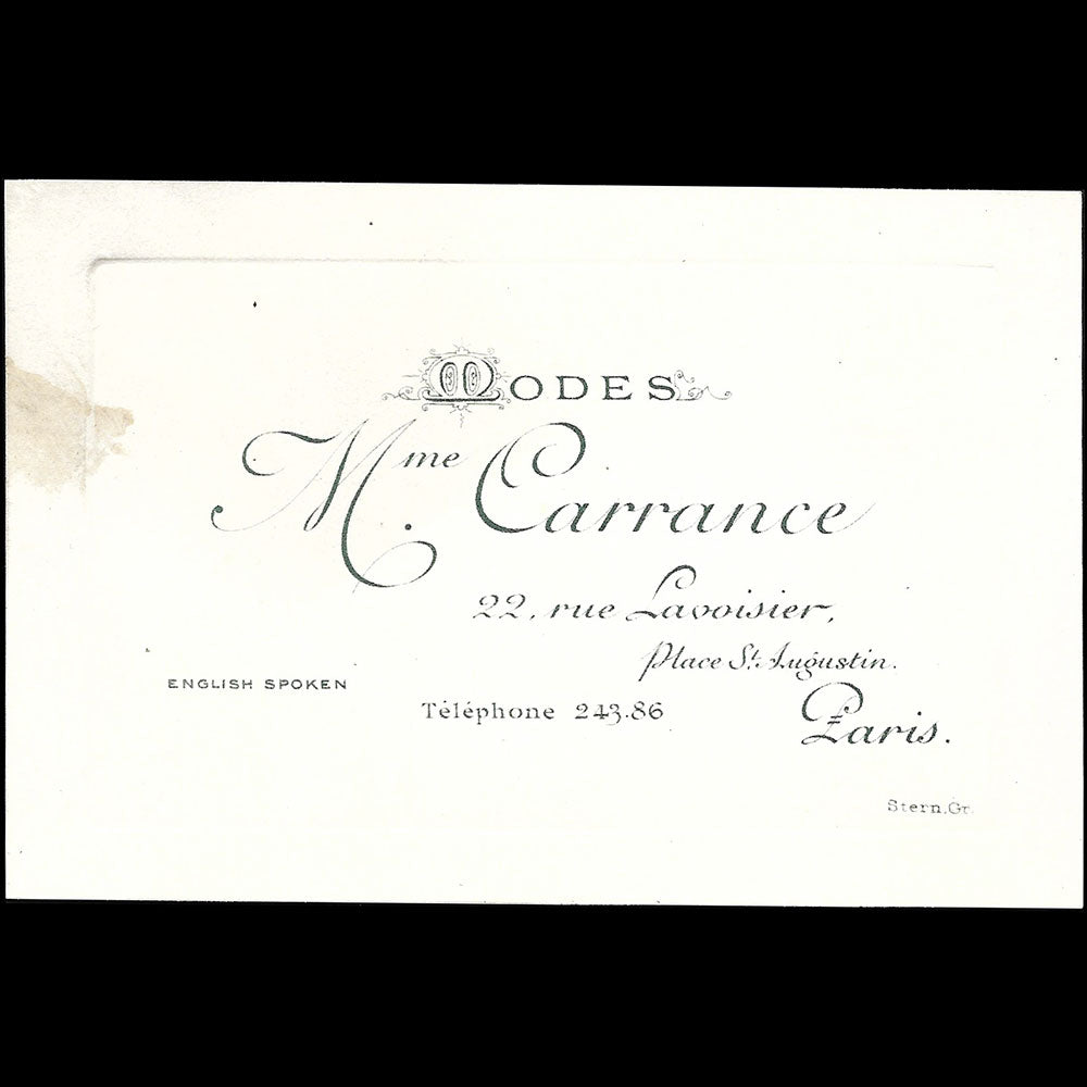 Madame Carrance - Carte de la maison de modes, 22 rue Lavoisier à Paris (circa 1910)