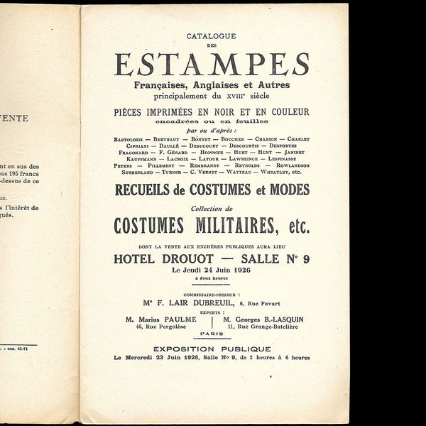 Estampes Françaises, Anglais et Autres, Costumes Militaires, Modes, etc. - Catalogue de vente (1926)