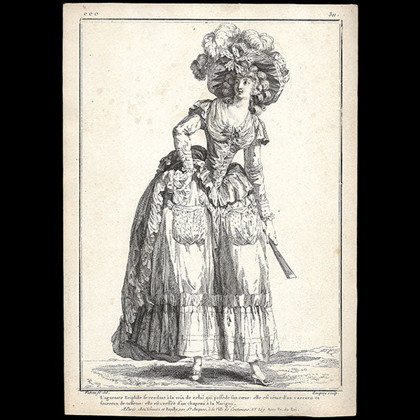 Gallerie des Modes et Costumes Français, 1778-1787, gravure n° eee 311, L'agacante Eriphile par Watteau (1785)