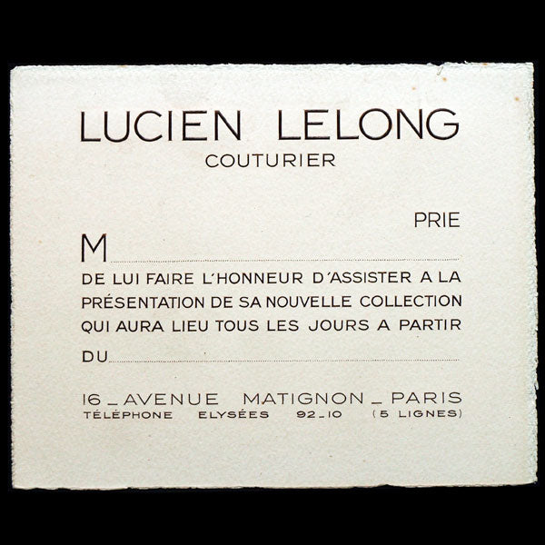 Carton d'invitation de la maison Lucien Lelong (circa 1930)