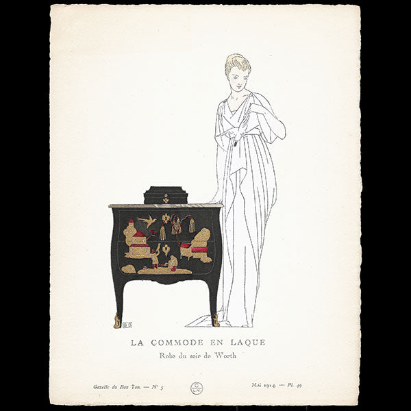 Gazette du Bon Ton - La Commode en laque, robe du soir de Worth, planche de Bernard Boutet de Monvel (n5, 1914)