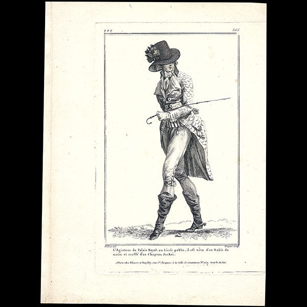 Gallerie des Modes et Costumes Français, 1778-1787, gravure n° ppp 365, l'Agioteur du Palais Royal par Watteau (1787)