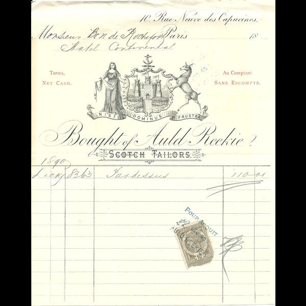 Facture du tailleur écossais Auld Reekie, 10 rue Neuve des Capucines à Paris (1890)