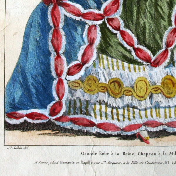 Gallerie des Modes et Costumes Français, 1778-1787, gravure n° rrr 378, Grande Robe à la Reine, Chapeau à la Miladi par Saint-Aubin (1787)