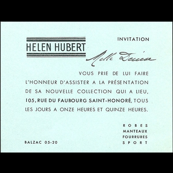 Carton d'invitation de la maison Helen Hubert, 105 faubourg Saint Honoré à Paris (circa 1935)