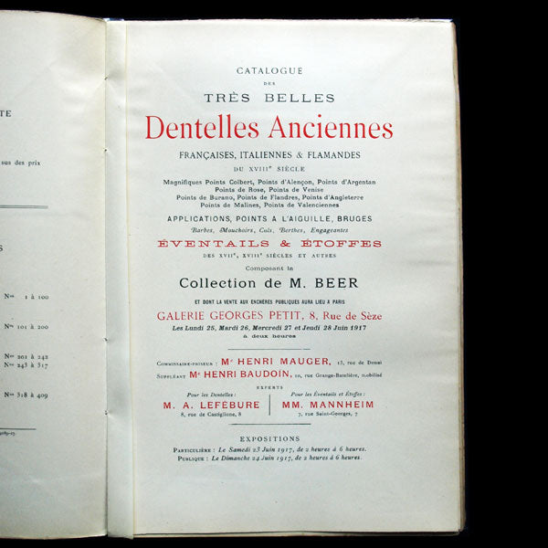Catalogue de la vente de la collection de M. Beer, Dentelles anciennes, Eventails et Etoffes (1917)