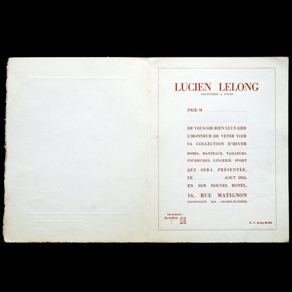 Carton d'invitation de la maison Lucien Lelong, illustré par Etienne Drian (1924)