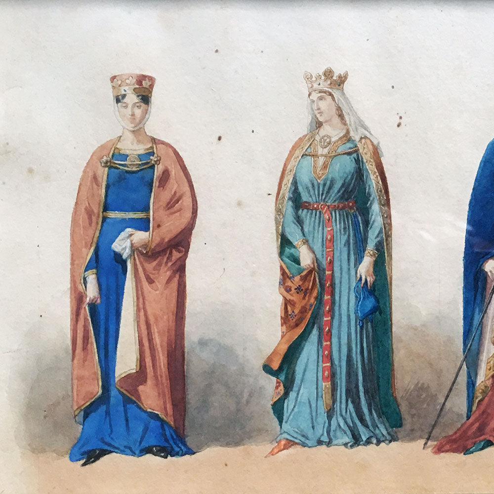 Frédéric Lix - Costumes des Capétiennes et Carlovingiennes, dessin pour Histoire de la Mode en France de Challamel (1875)