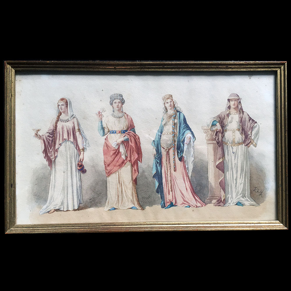 Frédéric Lix - Costumes de Gauloise, de Gallo-Romaine, Mérovingienne et Carlovingienne, dessin pour Histoire de la Mode en France de Challamel (1875)